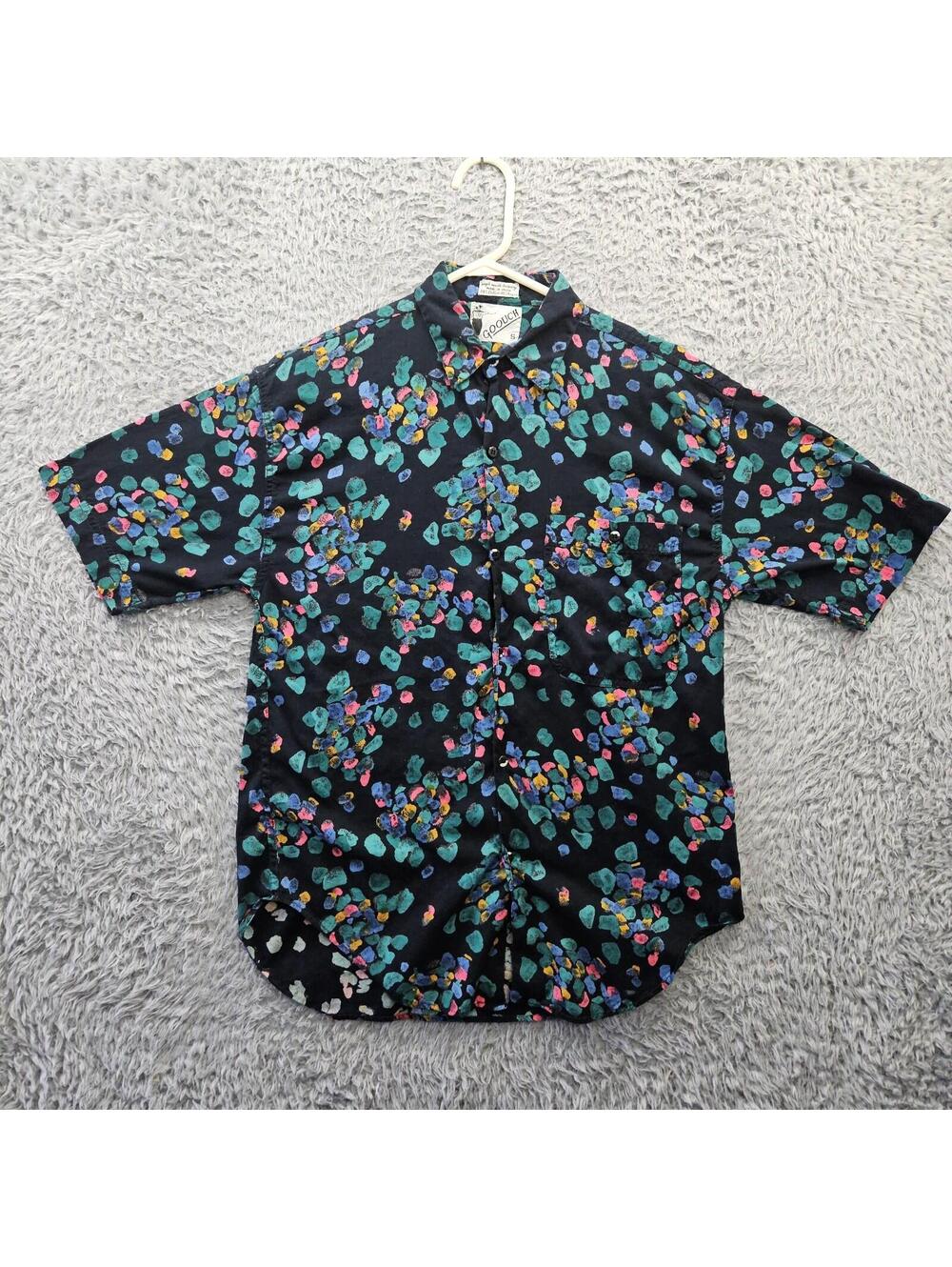 GOOUCH Vintage Rayon Shirt Hawaiian Men Small Black Abstract Art All Over Print